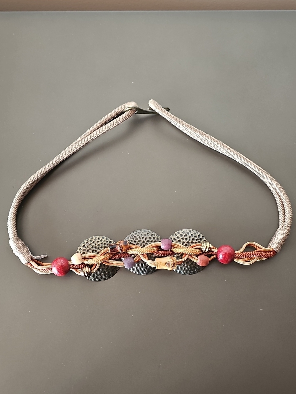 Women's 1980s Braided Rope Belt Or Necklace Metal, Bamboo, Wood Beads 31" Long